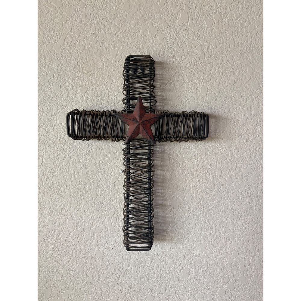 Rustic Metal Wire Wrapped Wall Cross with Distressed Red Barn Star Decor